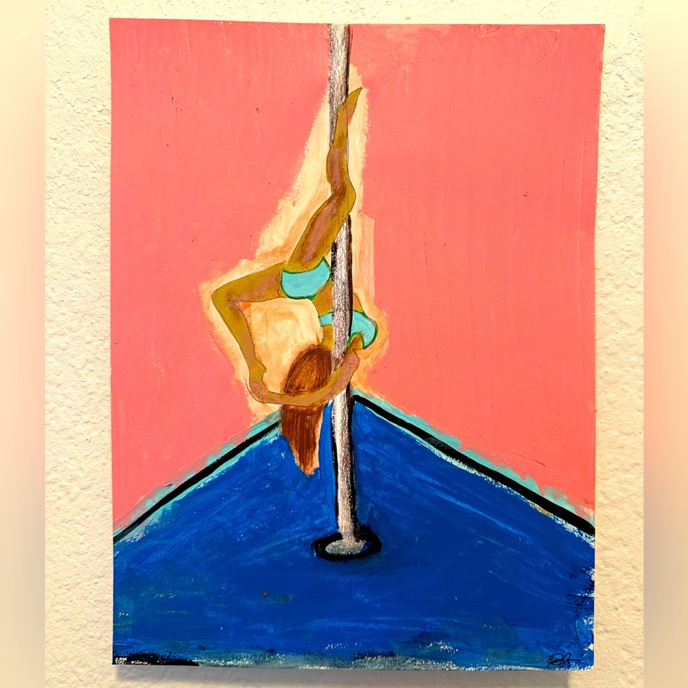 “Metal Ballerina” drawing/paint art pole dancer doing closed Scorpio move 12x9”